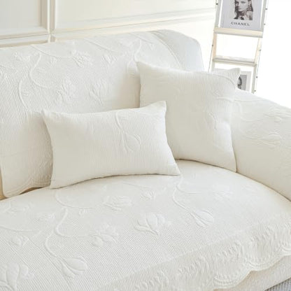 Cotton Quilted Sofa Cover for Sectional Couch - Cream, 43.3 x 94.5 Inches - Non-Slip Design