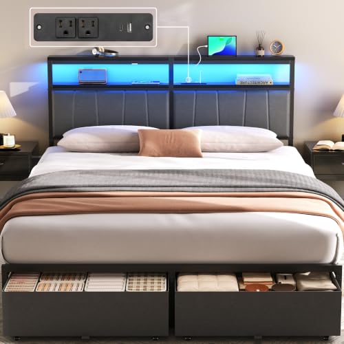 Queen Bed Frame with Storage Drawers and Charging Station - Grey, Queen Size