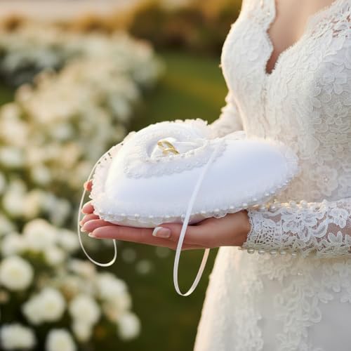 Heart Shaped Wedding Ring Bearer Pillow with Pearl Lace Decoration