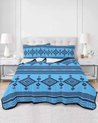 Twin Size Quilt Bedding Set - Blue Azure Boho Southwestern Vintage Zigzag