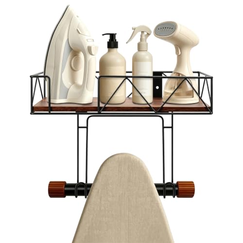 Wall Mounted Ironing Board Hanger with Wood Shelf and Hooks - Metal Laundry Storage Rack