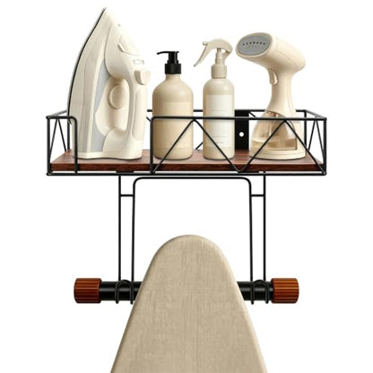 Wall Mounted Ironing Board Hanger with Wood Shelf and Hooks - Metal Laundry Storage Rack