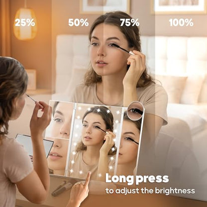 White Lighted Makeup Mirror with LED Lights, Trifold Vanity with 1X/2X/3X/10X Magnification, Touch Control, Portable Travel Cosmetic Mirror