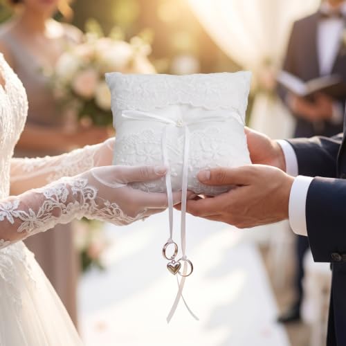 Pearl Ivory Wedding Ring Pillow with Lace and Ribbon Bow for Ceremony