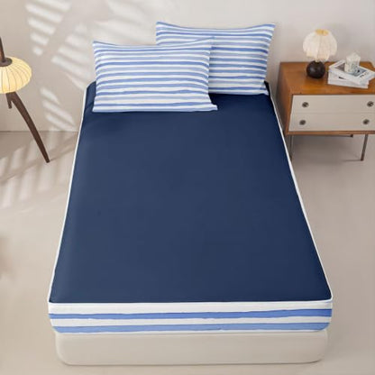 Kids Zipper Bedding Set - Watercolor Stripe Twin with Comforter & Sheets - Navy Blue Variation
