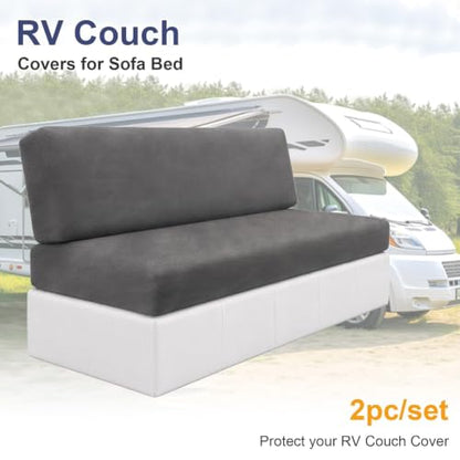Velvet RV Couch Covers for Sofa Bed - Dark Grey, 2 Pieces, Elastic Fit