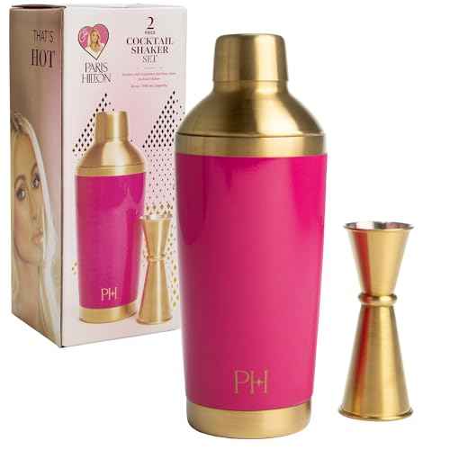 Paris Hilton 2-Piece Cocktail Shaker Set, Double Wall Insulated Stainless Steel Mixer with Built-In Strainer and Double-Sided Jigger, 20-Ounce, Gold and Hot Pink