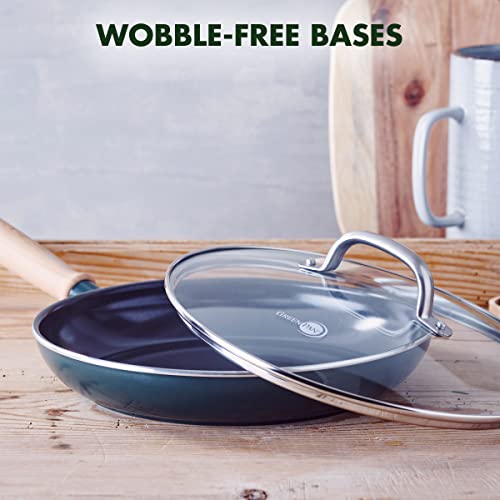GreenPan Hudson Healthy Ceramic Nonstick, 11" Frying Pan Skillet with Lid, Vintage Wood Inspired Handle, PFAS-Free, Dishwasher Safe, Forest Green