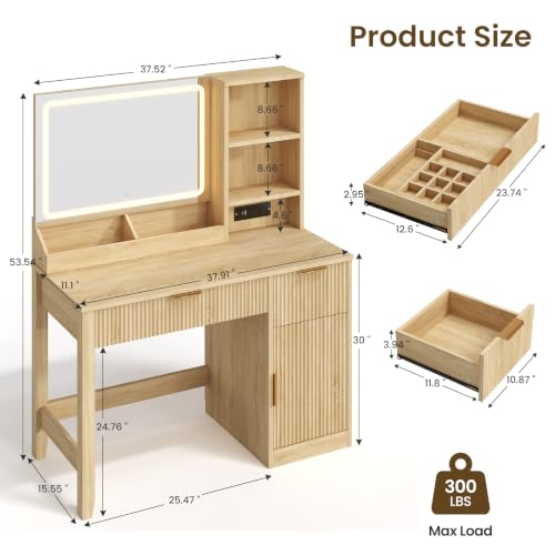 Fluted Vanity Desk with Mirror, LED Lights & Charging Station - Natural (Variation: Natural)