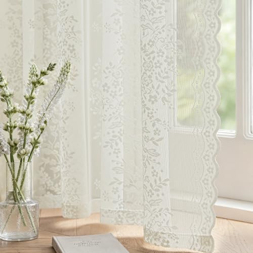 Ivory Floral Sheer Lace Curtains - 2 Panels, 55W x 63L Inches