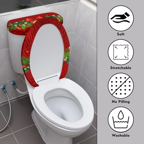 Christmas Toilet Seat Cover Set Xmas Jingle Bell Elongated Toilet Lid Cover Bathroom Decor