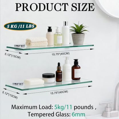 16-Inch Glass Floating Shelves for Bathroom, Kitchen & Living Room - 3 Pack, Tempered Glass with Zinc Alloy Brackets