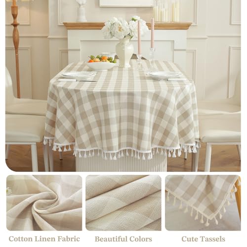 Laolitou Checkered Oval Tablecloth - Beige Washable Cotton Linen Gingham 60x84 Inch with Tassels - Oval Variation
