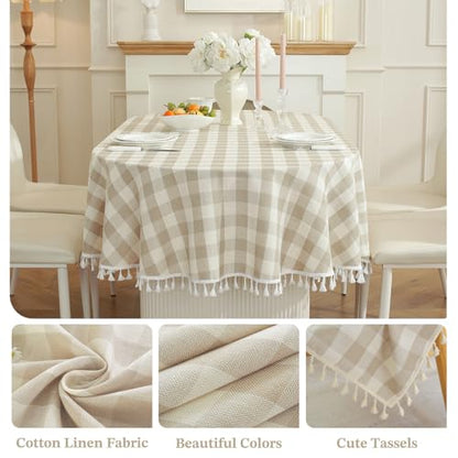 Laolitou Checkered Oval Tablecloth - Beige Washable Cotton Linen Gingham 60x84 Inch with Tassels - Oval Variation