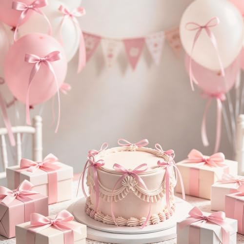 36 Pink Satin Bow Cake Toppers for Desserts & Party Decorations