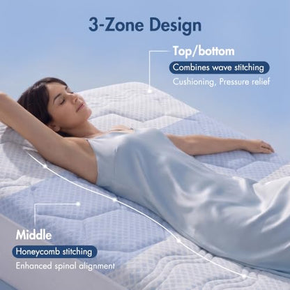 Queen Breathable Knit Mattress Pad with 3-Zone Support - Light Blue