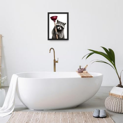 Bathroom Raccoon Wall Art Decor - 16x12 Inches Wooden Framed Canvas