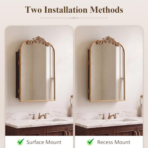Vintage Gold Medicine Cabinet Mirror with Storage - 16x24 Inch Wall-Mounted
