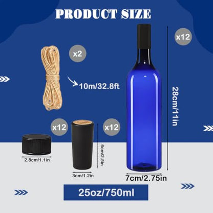750ml Blue Plastic Wine Bottles Set with Screw Caps & Accessories - 12 Pack Variation of 750.0 Milliliters / 12