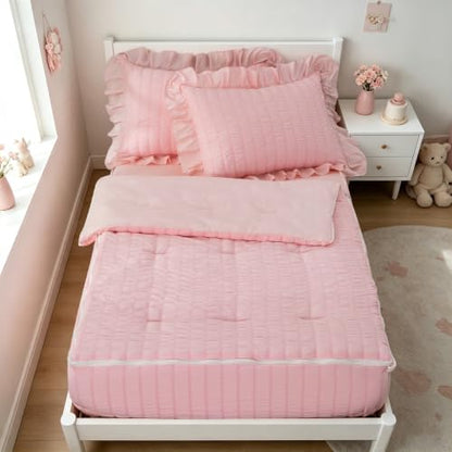 Pink Seersucker Zipper Bedding Set for Girls Twin - Farmhouse Comforter