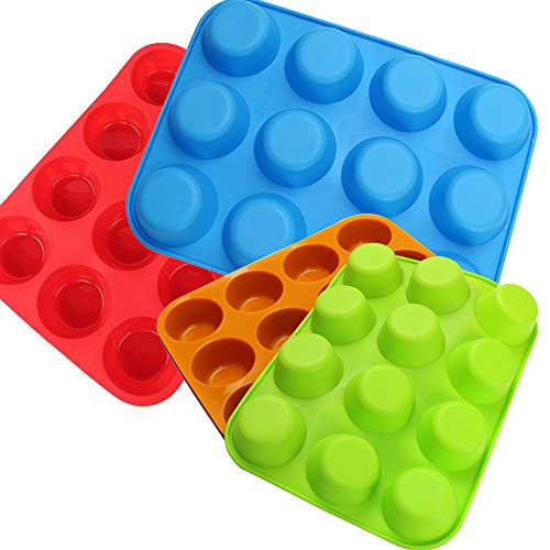 Qtopun Silicone Mini Muffin Pan, 4 Pack 24 Cups Silicone Mold Cups Baking Pan, Silicone Muffin Tins Baking Moulds (12-cup multi-color)