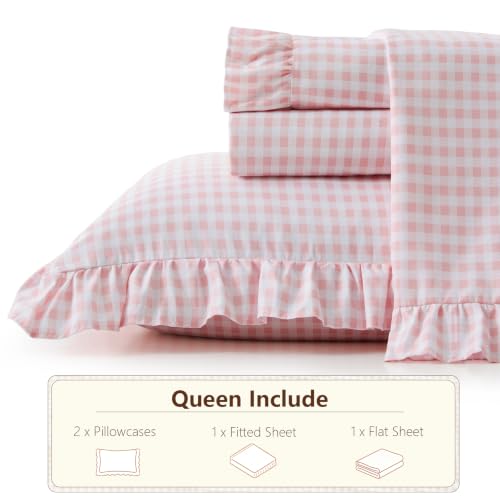 Gingham Ruffle Queen Bed Sheet Set - Pink Microfiber Plaid Bedding
