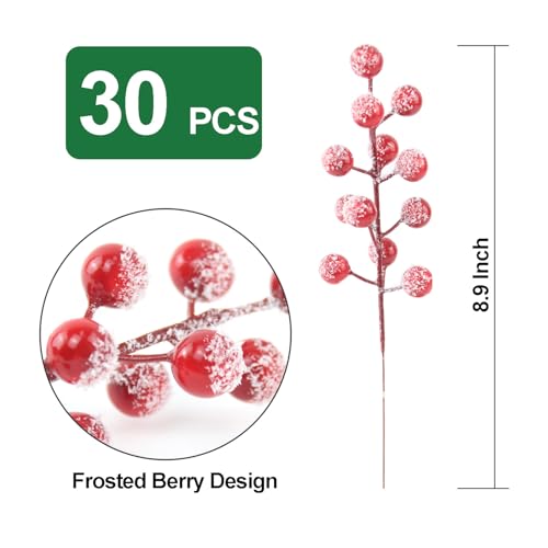30 Pack Frosted Red Berry Stems for Christmas Decor and Crafts - 8.9 Inch