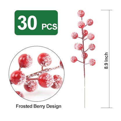 30 Pack Frosted Red Berry Stems for Christmas Decor and Crafts - 8.9 Inch