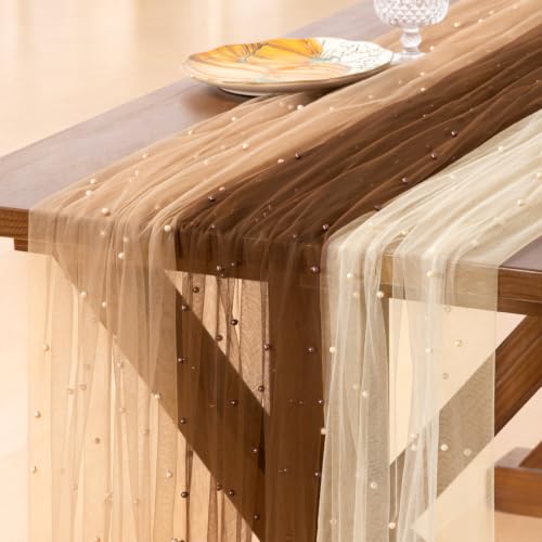 Pearl Gauze Table Runner 10ft x 3pcs - Fall Mix & Match Brown, Nude, Beige
