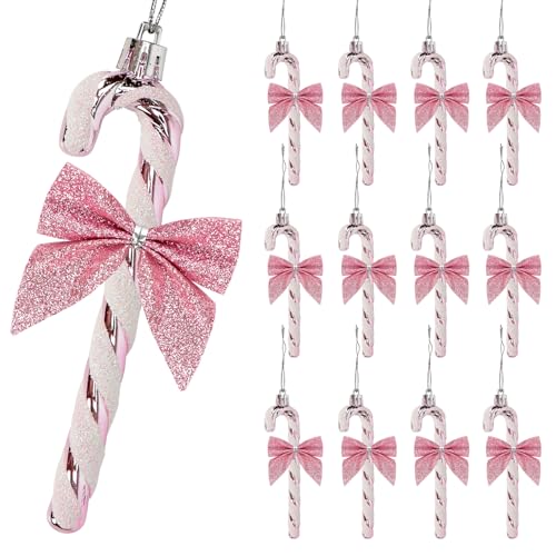 Pink Glitter Candy Cane Christmas Decorations - 12 Pcs Holiday Tree Ornaments