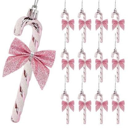 Pink Glitter Candy Cane Christmas Decorations - 12 Pcs Holiday Tree Ornaments