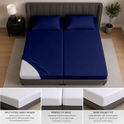 Navy Blue Split Queen Fitted Sheet Set - 12-Inch Deep Pocket, 2 Sheets & Pillowcases