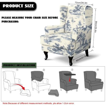 Blue Toile Scene Print Wingback Chair Cover 2-Piece Stretch Fit