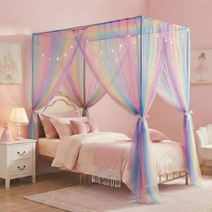 Rainbow Twin Bed Canopy with Light for Girls Kids Room Decor - Romantic Princess Style