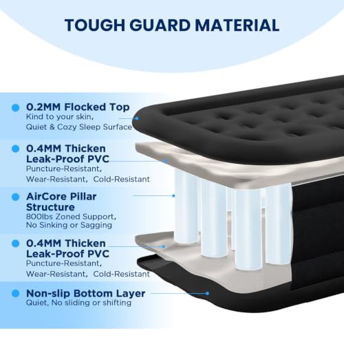 Black Queen Air Mattress with Built-In Pump 18in Leak-Tested Durable Support