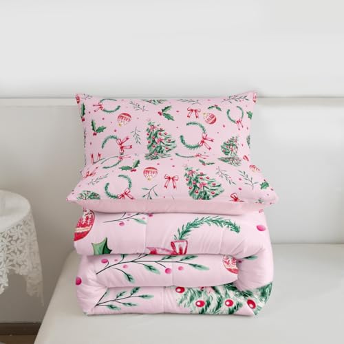 Merry Christmas Kids Comforter Set Twin Green Pink Yellow Xmas Bedding