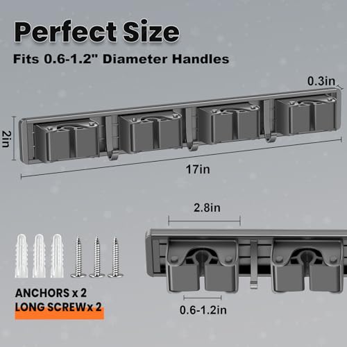 Wall Mount Broom and Mop Organizer with 4 Racks & 3 Hooks - Adjustable, Durable, Indoor Outdoor Storage