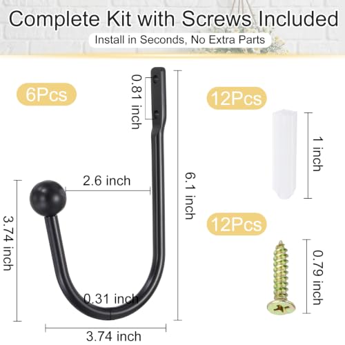 uxcell Black Curtain Holdbacks 6 PCS Wall Mounted Metal Drapery Hooks