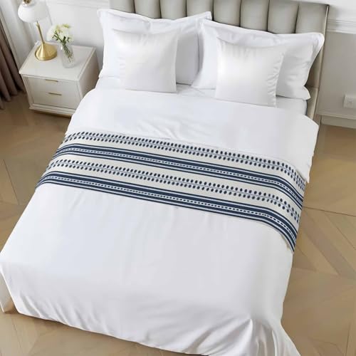 Cal King Bed Runner Blue Stripes Decorative Bed Scarf 102x20in - Soft Satin