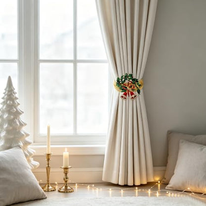 Christmas Holly Curtain Tiebacks with Jingle Bells - 2 Pack
