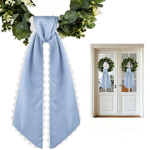 2-Piece Dusty Blue Wreath Sash with Scalloped Trim for Front Door Decor