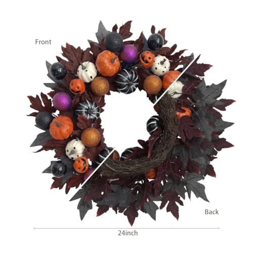 Halloween Ball Wreath for Front Door - 24 Inch Pumpkin Fall Decor Black Variation