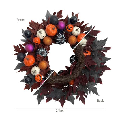Halloween Ball Wreath for Front Door - 24 Inch Pumpkin Fall Decor Black Variation