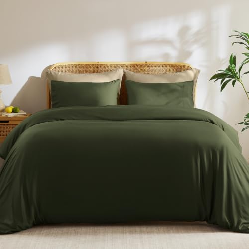TOSMO Luxury Bamboo Duvet Cover Set Queen Olive 3-Piece