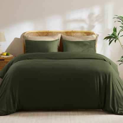 TOSMO Luxury Bamboo Duvet Cover Set Queen Olive 3-Piece