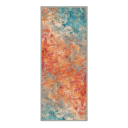 Washable Abstract Runner Rug 2x5 ft Non-Slip Entryway Carpet - Aqua Saffron