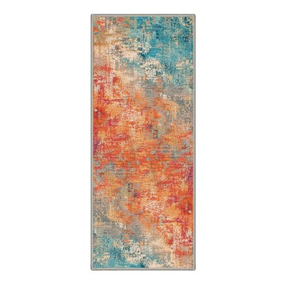 Washable Abstract Runner Rug 2x5 ft Non-Slip Entryway Carpet - Aqua Saffron