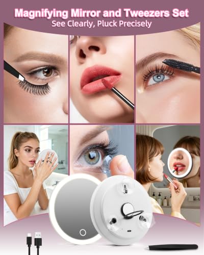 LED Magnifying Mirror 10X with Lights & Tweezers Set - White 5IN