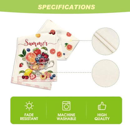 Seasonal Table Runner 13x36 Inch - Strawberry Blueberry Cherry Fruits Design - Beige Pink Summer Dining Decor