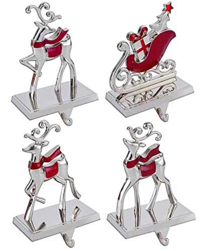 Christmas Stocking Holders Set of 4 Reindeer & Sled Car Hooks Mantle Fireplace Decor